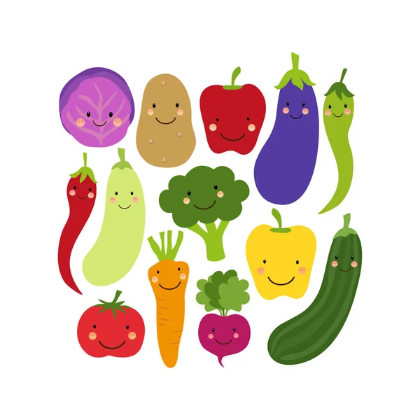 Bonito comer Veggies fundo com personagens de desenhos animados sorridentes de legumes —  Vetores de Stock