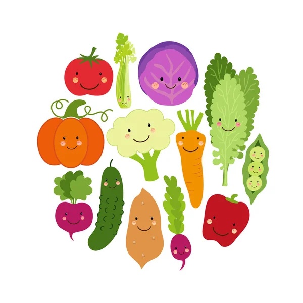 Bonito comer Veggies fundo com personagens de desenhos animados sorridentes de legumes —  Vetores de Stock