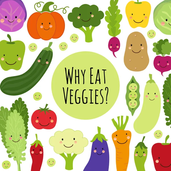 Cute Eat Veggies fondo con personajes de dibujos animados sonrientes de verduras — Vector de stock