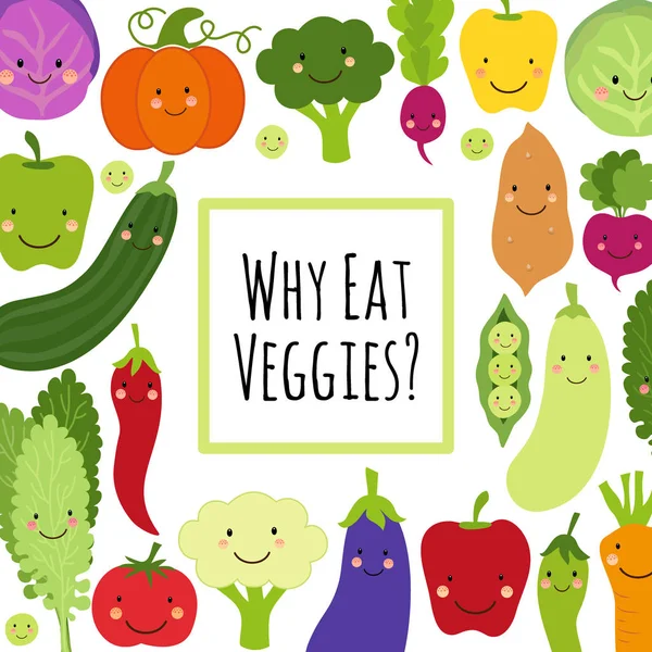 Cute Eat Veggies fondo con personajes de dibujos animados sonrientes de verduras — Vector de stock