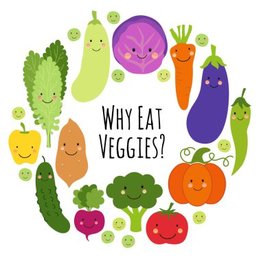 Sevimli Sebze gülümseyen çizgi film karakterleri ile Sebzeler çerçeve arka plan yiyin