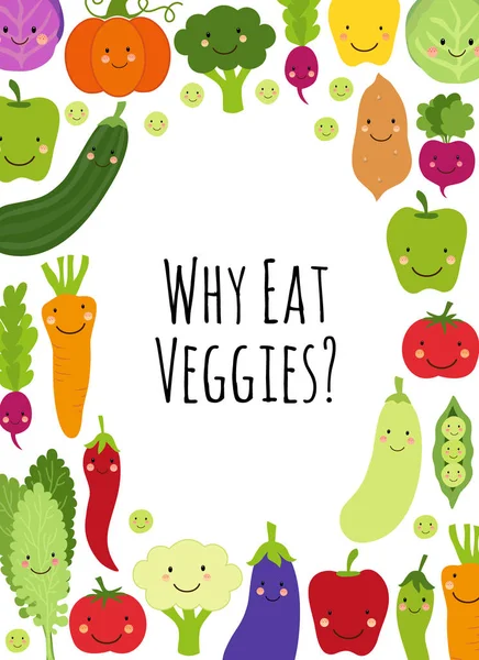 Cute Eat Veggies marco de fondo con personajes de dibujos animados sonrientes de verduras — Vector de stock