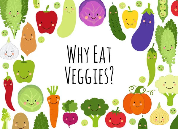 Carino mangiare verdure cornice sfondo con personaggi dei cartoni animati sorridenti di verdure — Vettoriale Stock
