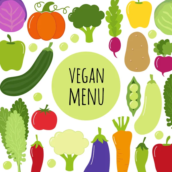 可爱的素食菜单背景与各种蔬菜 — 图库矢量图片