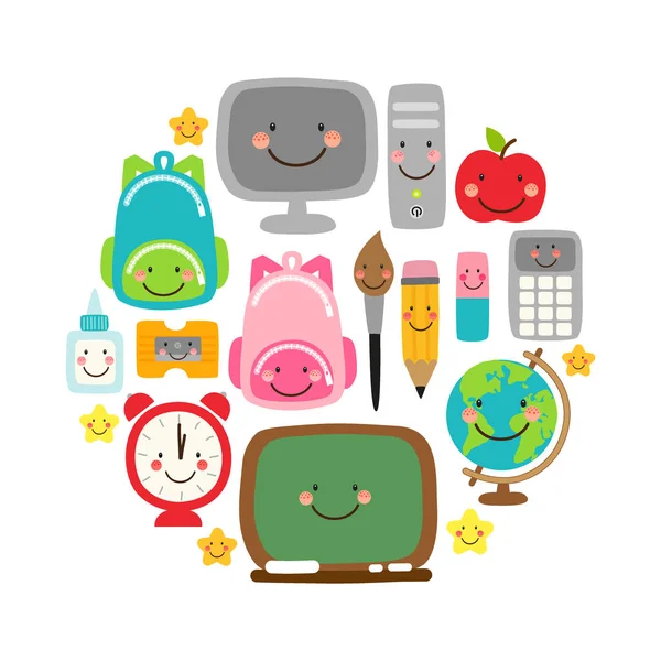 Carino Torna a scuola banner design con personaggi dei cartoni animati divertenti colorati, istruzione tema sfondo — Vettoriale Stock