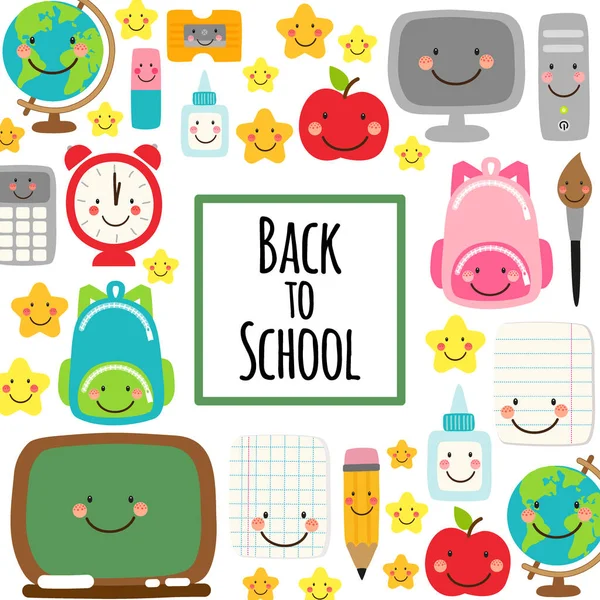 Aranyos vissza az iskolába banner design színes vicces rajzfilmfigurák, oktatási téma háttere — Stock Vector