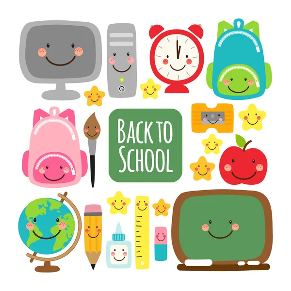 Lindo diseño de banner de marco de vuelta a la escuela con personajes de dibujos animados divertidos coloridos, fondo de tema de educación — Vector de stock