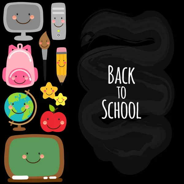 Lindo diseño de banner de vuelta a la escuela con personajes de dibujos animados divertidos coloridos, fondo de tema de educación — Vector de stock