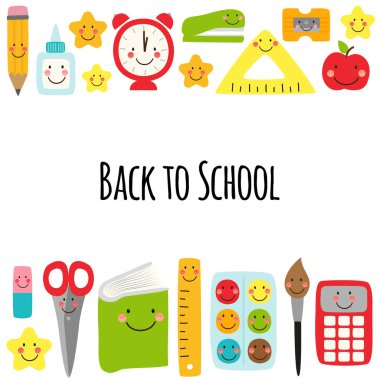 Sevimli Geri renkli komik çizgi film karakterleri, eğitim tema arka plan ile okul afiş tasarımı