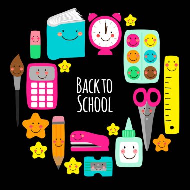 Renkli komik çizgi film karakterleri, eğitim tema arka plan ile okul çerçeve tasarımı Sevimli Geri