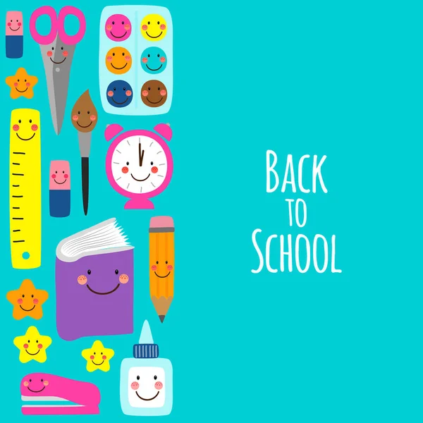 Cute bright eye-catching Back to school banner design with colorful funny cartoon characters, education theme background — Stock Vector