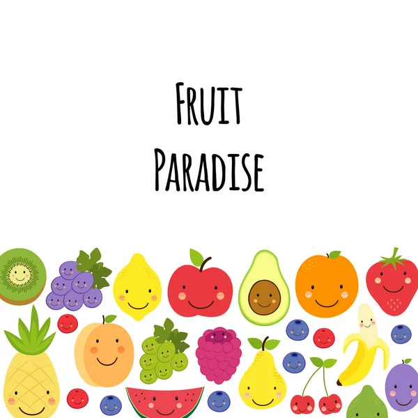 Carino frutta paradiso sfondo con vari personaggi di frutta — Vettoriale Stock