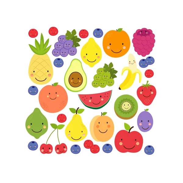 Lindo fondo de Fruit Paradise con varios personajes frutales — Vector de stock