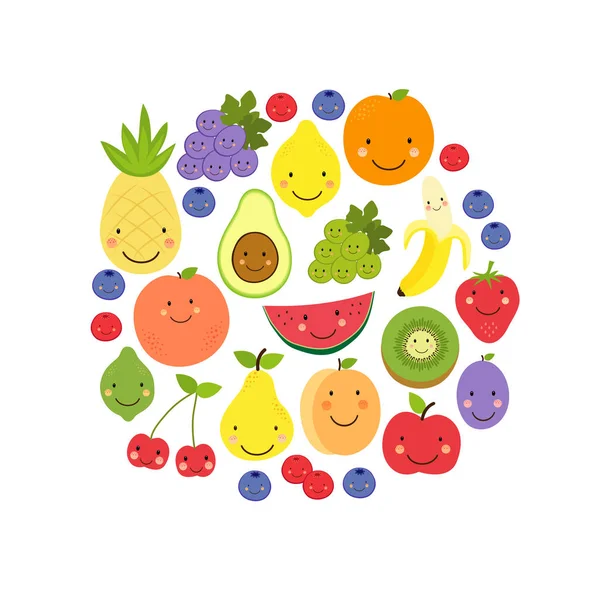Carino frutta paradiso sfondo con vari personaggi di frutta — Vettoriale Stock