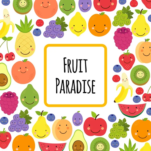다양한 과일 문자와 귀여운 과일 파라다이스 프레임 배경 — 스톡 벡터