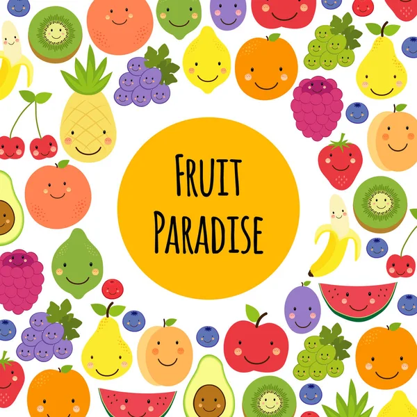 Cute fruit Paradise frame achtergrond met verschillende fruit karakters — Stockvector