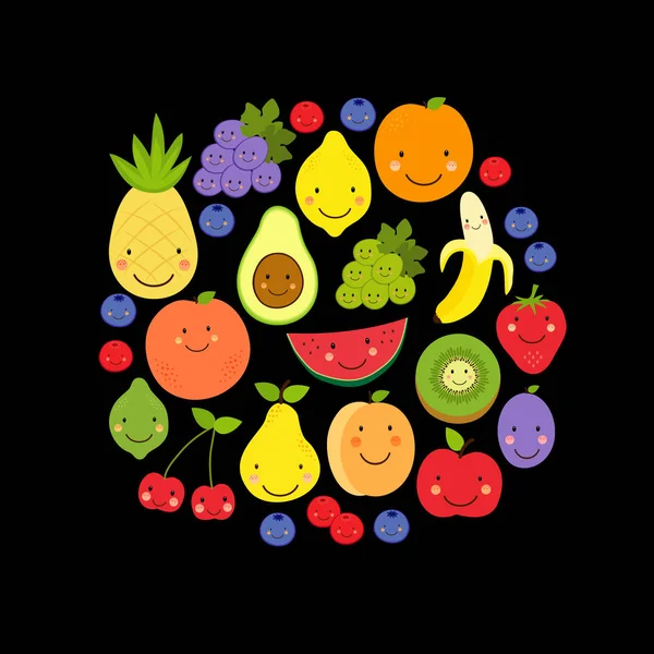 다양한 과일 문자와 귀여운 과일 파라다이스 배경 — 스톡 벡터