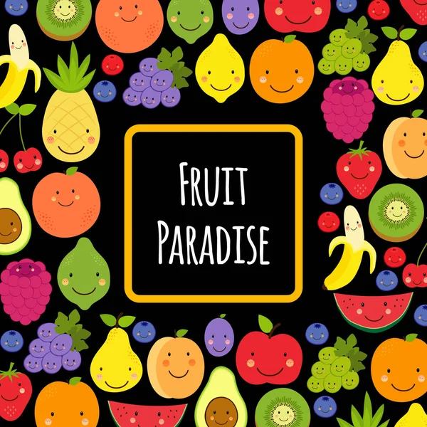 Lindo marco Fruit Paradise fondo con varios personajes frutales — Vector de stock
