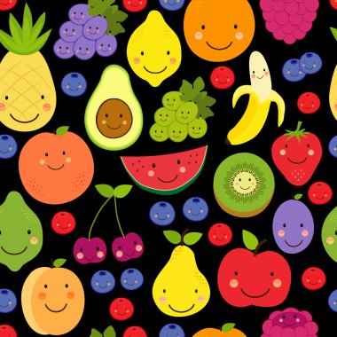 Çeşitli meyve karakterleri ile Sevimli Meyve Paradise sorunsuz desen arka plan