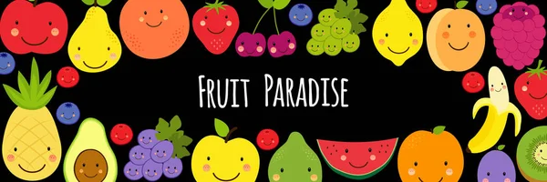 Çeşitli meyve karakterleri ile Sevimli Fruit Paradise çerçeve afiş arka plan — Stok Vektör