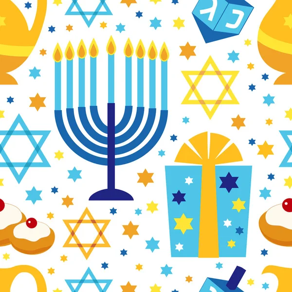 Lindo feliz Hanukkah, Festival of Lights fondo patrón sin costuras en estilo plano — Archivo Imágenes Vectoriales