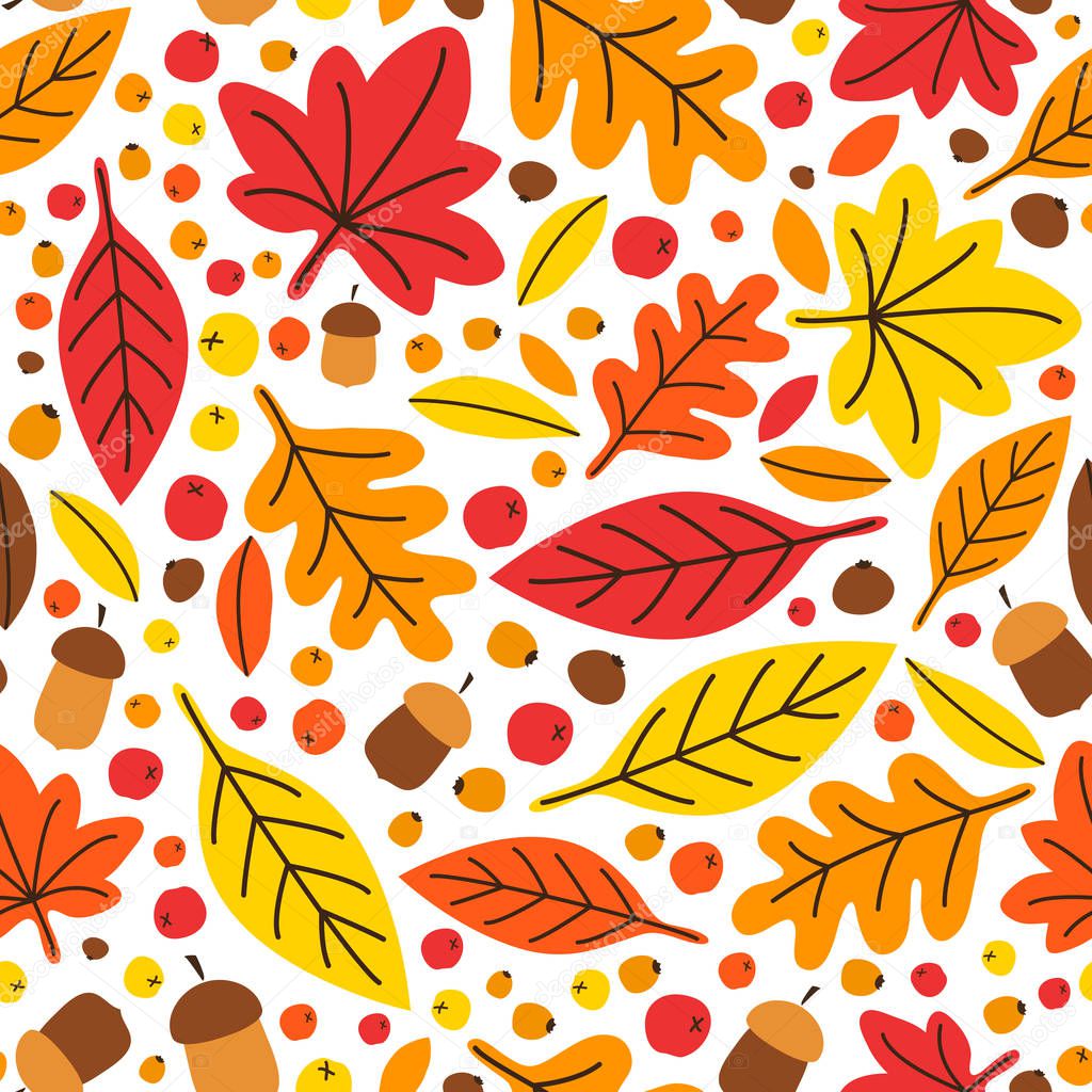 Cute botanical hand drawn Autumn Leaves seamless pattern background