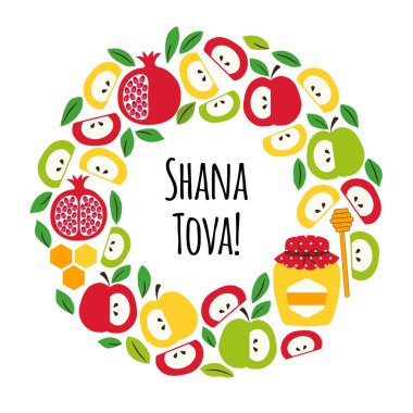 Yahudi Yeni Yıl tatili Rosh Hashana, Shana Tova sembolleri ile Sevimli tebrik afiş arka plan