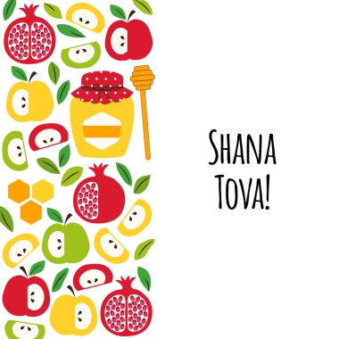 Yahudi Yeni Yıl tatili Rosh Hashana, Shana Tova sembolleri ile Sevimli tebrik afiş arka plan