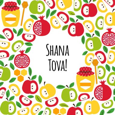 Yahudi Yeni Yıl tatili Rosh Hashana, Shana Tova sembolleri ile Sevimli tebrik afiş arka plan
