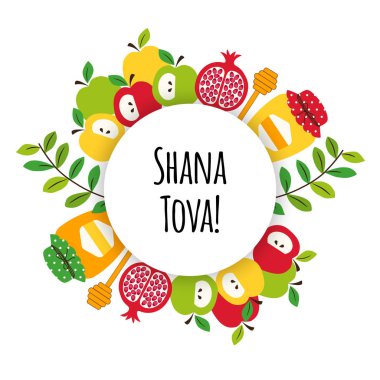 Yahudi Yeni Yıl tatili Rosh Hashana, Shana Tova sembolleri ile Sevimli tebrik afiş arka plan