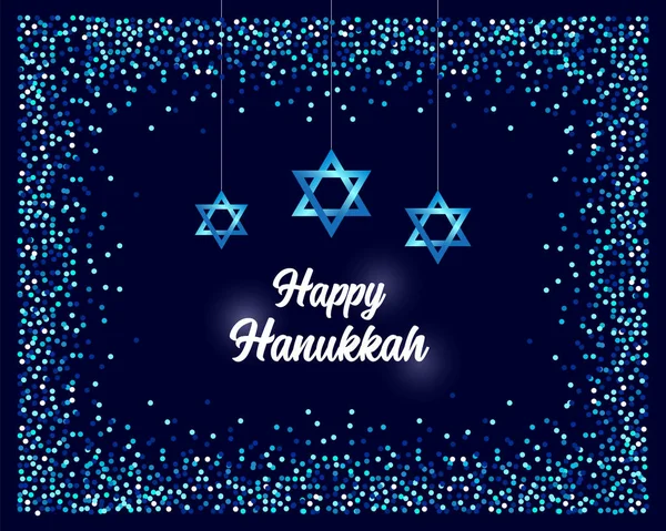 Роскошный праздничный фон Happy Hanukkah с блестками и блестящими эффектами и буквами, может быть использован в качестве поздравительной открытки, баннера, плаката или листовки дизайн — стоковый вектор