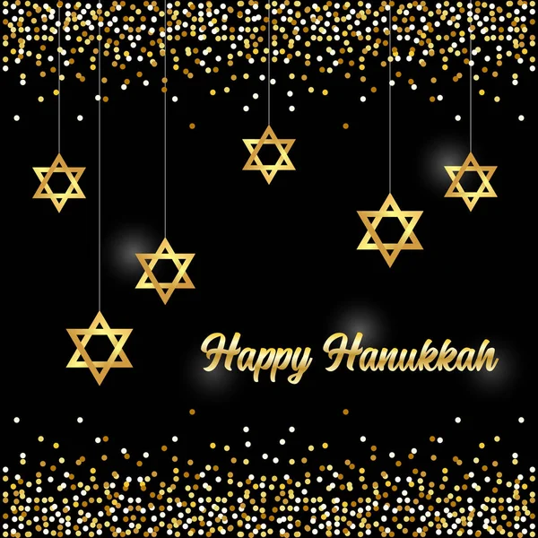 Altın ışıltılar ve ışıltılı etkisi ve yazı ile Lüks Festive Happy Hanukkah arka plan — Stok Vektör