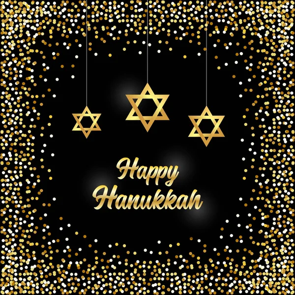 Luxo festivo feliz Hanukkah fundo com brilhos dourados e brilho efeito e letras — Vetor de Stock