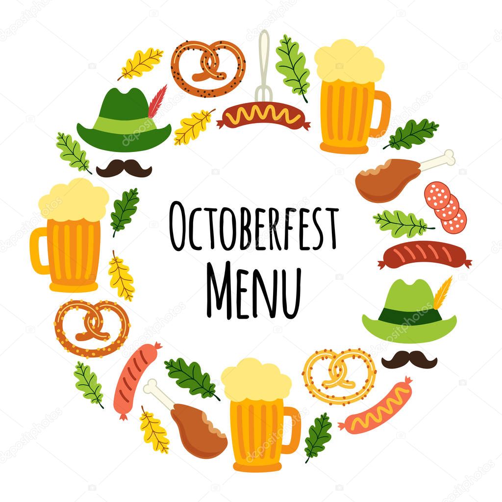 Cute Octoberfest Menu background with symbols as beer, sausage, pretzel, green german costume hunting hat with feather, mustache and oak leaves isolated on white