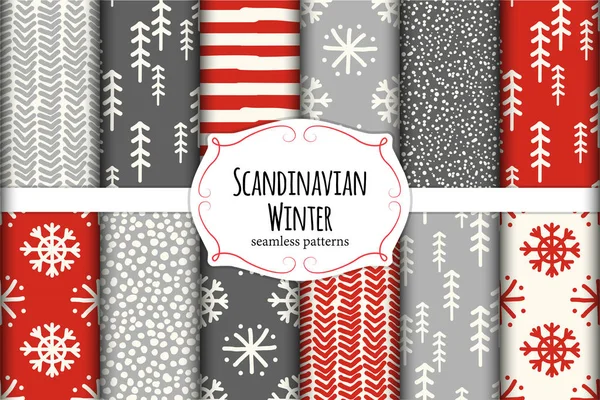 Cute Scandinavian Winter hand drawn seamless patterns set — Stock Vector