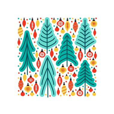 El çizilmiş Köknar Ağaçları ve Noel topları ile Sevimli İskandinav Noel Ağacı Pazarı arka plan