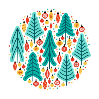 El çizilmiş Köknar Ağaçları ve Noel topları ile Sevimli İskandinav Noel Ağacı Pazarı arka plan