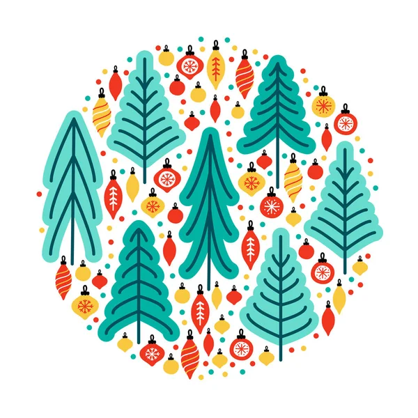 Niedlichen skandinavischen Christbaummarkt Hintergrund mit handgezeichneten Tannenbäumen und Weihnachtskugeln — Stockvektor
