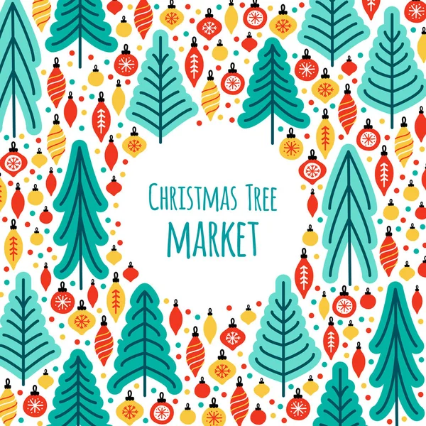 Söt skandinavisk julgran marknaden ram bakgrund med handritade granar och julgranskulor — Stock vektor