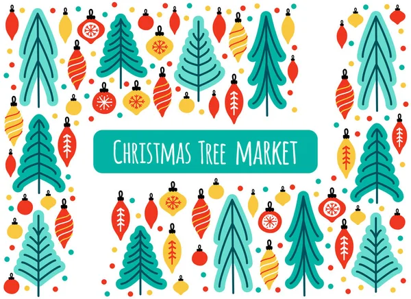 Carino scandinavo Albero di Natale sfondo del mercato con alberi di abete disegnati a mano e palle di Natale — Vettoriale Stock