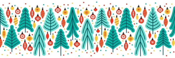 Niedlichen skandinavischen Christbaummarkt Banner Hintergrund mit handgezeichneten Tannenbäumen und Weihnachtskugeln — Stockvektor