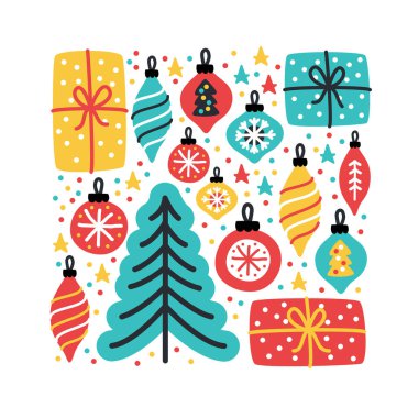 El çizilmiş Noel ağacı, topları ve mevcut kutuları ile Sevimli Merry Little Noel arka plan