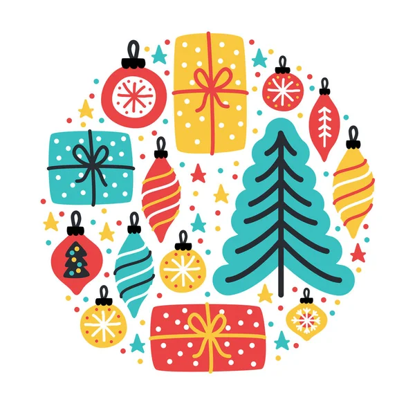 Carino allegro piccolo sfondo di Natale con albero di Natale disegnato a mano, palle e scatole regalo — Vettoriale Stock
