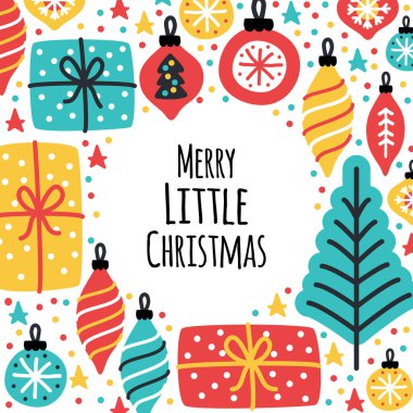 El çizilmiş Noel ağacı, topları ve mevcut kutuları ile Sevimli Merry Little Noel çerçeve arka plan