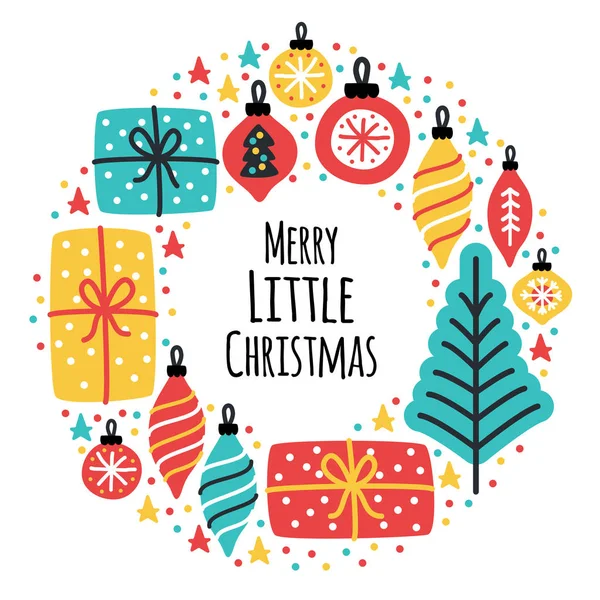 Bonito alegre pouco Natal quadro fundo com mão desenhado árvore de Natal, bolas e presentes caixas — Vetor de Stock