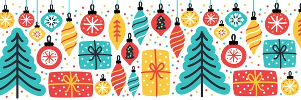 Śliczne Merry Little Christmas poziome tło banner z ręcznie rysowane Choinka, kulki i obecne pudełka — Wektor stockowy