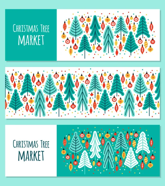 Cute set of Scandinavian Christmas Tree Market banner backgrounds with hand drawn Fir Trees and Christmas balls — Stock Vector