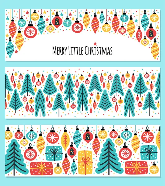 Cute set of Merry Little Christmas horizontal banner backgrounds with hand drawn Christmas tree, balls and present boxes — Stock Vector