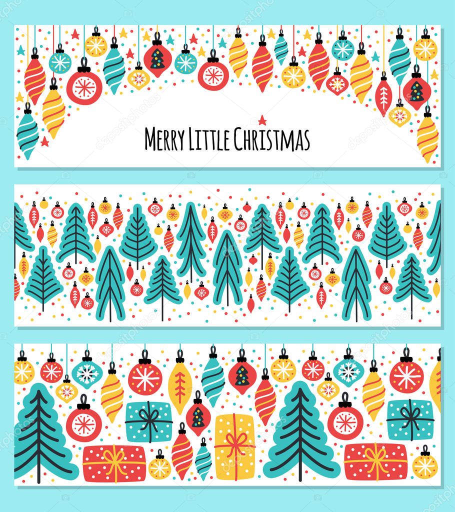 Cute set of Merry Little Christmas horizontal banner backgrounds with hand drawn Christmas tree, balls and present boxes