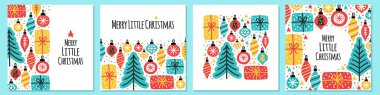 Elle çizilmiş Noel ağacı, topları ve mevcut kutuları ile Merry Little Noel arka planlar Sevimli seti